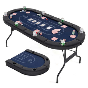 8-Player Foldable Poker Table, 72" Portable Texas Holdem Casino Leisure Table with Cup Holders, Oval Card Game Blackjack Table for Game Room