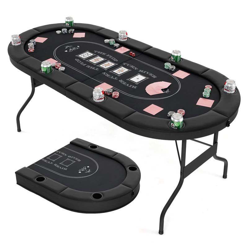 8-Player Foldable Poker Table, 72" Portable Texas Holdem Casino Leisure Table with Cup Holders, Oval Card Game Blackjack Table for Game Room