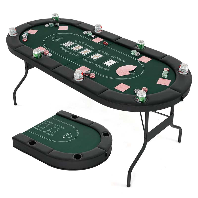 8-Player Foldable Poker Table, 72" Portable Texas Holdem Casino Leisure Table with Cup Holders, Oval Card Game Blackjack Table for Game Room