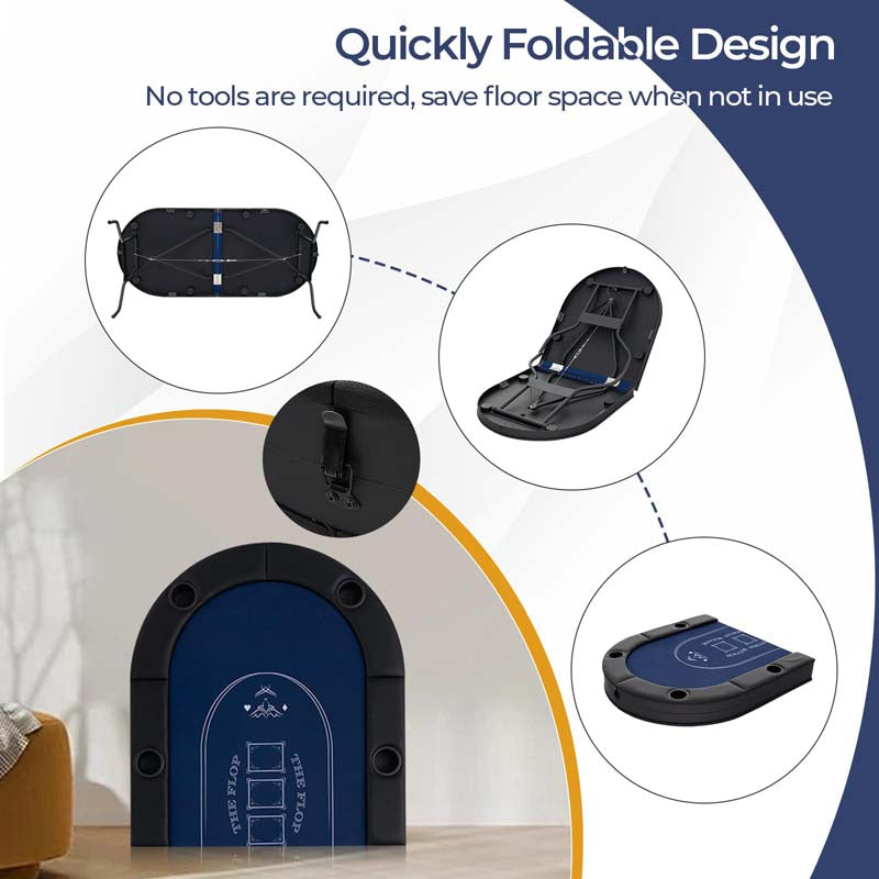 8-Player Foldable Poker Table, 72" Portable Texas Holdem Casino Leisure Table with Cup Holders, Oval Card Game Blackjack Table for Game Room