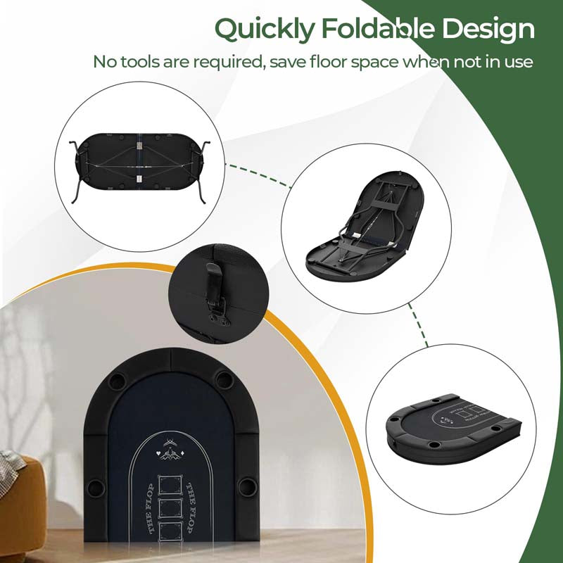 8-Player Foldable Poker Table, 72" Portable Texas Holdem Casino Leisure Table with Cup Holders, Oval Card Game Blackjack Table for Game Room