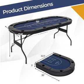 8-Player Foldable Poker Table, 72" Portable Texas Holdem Casino Leisure Table with Cup Holders, Oval Card Game Blackjack Table for Game Room