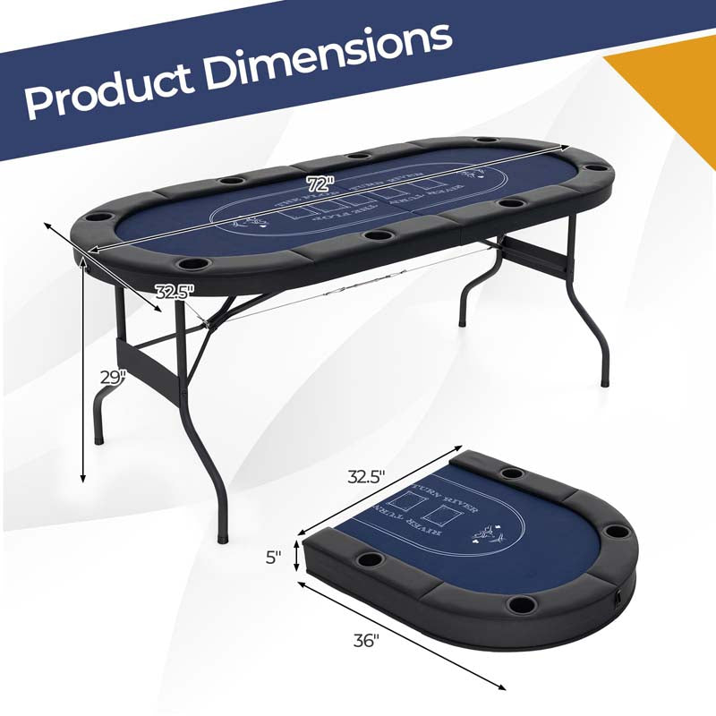 8-Player Foldable Poker Table, 72" Portable Texas Holdem Casino Leisure Table with Cup Holders, Oval Card Game Blackjack Table for Game Room