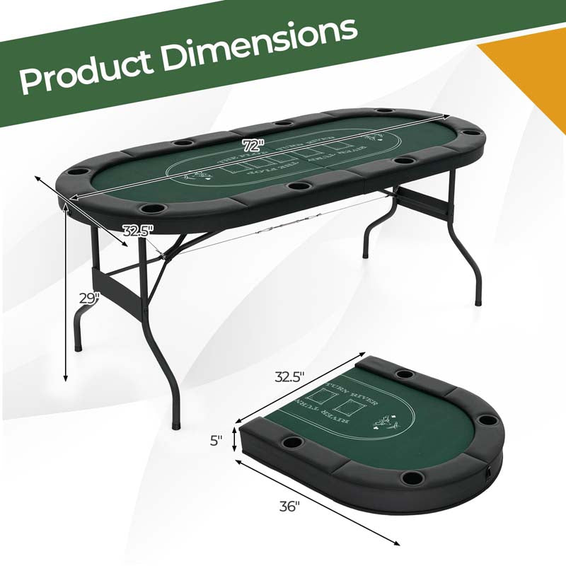8-Player Foldable Poker Table, 72" Portable Texas Holdem Casino Leisure Table with Cup Holders, Oval Card Game Blackjack Table for Game Room