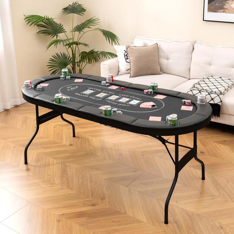 8-Player Foldable Poker Table, 72" Portable Texas Holdem Casino Leisure Table with Cup Holders, Oval Card Game Blackjack Table for Game Room