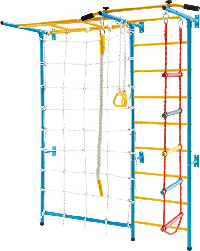7-in-1 Kids Climbing Gym Steel Swedish Ladder Wall Set with Rope, Pull-up Bar & Gymnastic Rings, Indoor Playground Climbing Toys for Toddlers Exercise