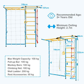 7-in-1 Kids Climbing Gym Steel Swedish Ladder Wall Set with Rope, Pull-up Bar & Gymnastic Rings, Indoor Playground Climbing Toys for Toddlers Exercise