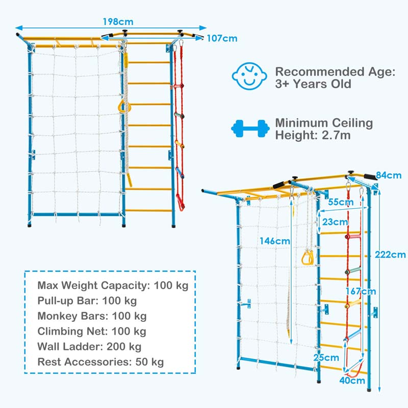 7-in-1 Kids Climbing Gym Steel Swedish Ladder Wall Set with Rope, Pull-up Bar & Gymnastic Rings, Indoor Playground Climbing Toys for Toddlers Exercise