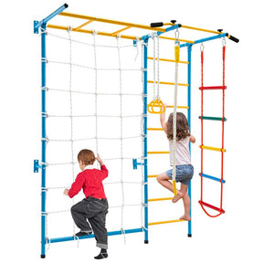 7-in-1 Kids Climbing Gym Steel Swedish Ladder Wall Set with Rope, Pull-up Bar & Gymnastic Rings, Indoor Playground Climbing Toys for Toddlers Exercise