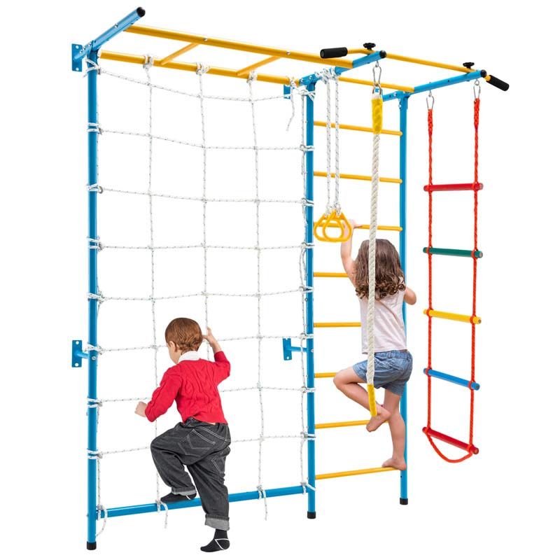 7-in-1 Kids Climbing Gym Steel Swedish Ladder Wall Set with Rope, Pull-up Bar & Gymnastic Rings, Indoor Playground Climbing Toys for Toddlers Exercise