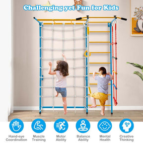 7-in-1 Kids Climbing Gym Steel Swedish Ladder Wall Set with Rope, Pull-up Bar & Gymnastic Rings, Indoor Playground Climbing Toys for Toddlers Exercise