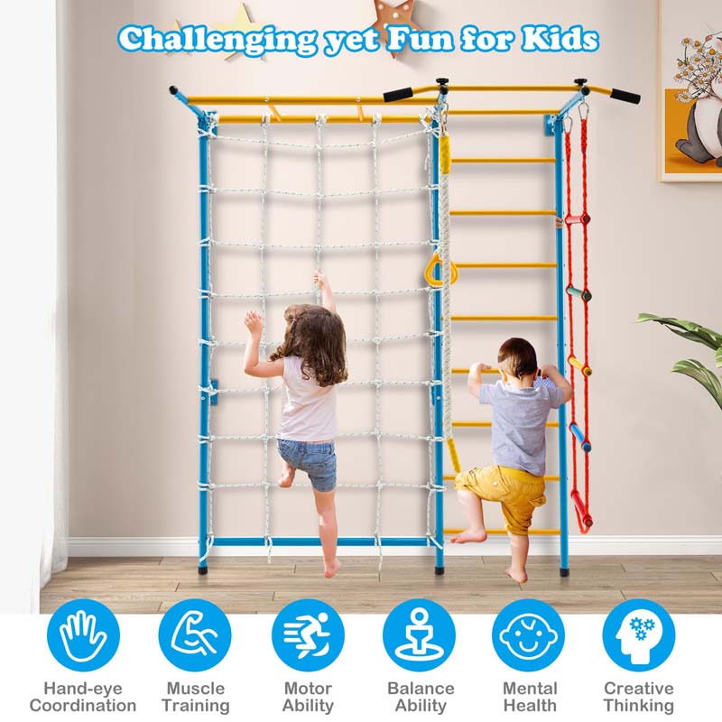 7-in-1 Kids Climbing Gym Steel Swedish Ladder Wall Set with Rope, Pull-up Bar & Gymnastic Rings, Indoor Playground Climbing Toys for Toddlers Exercise
