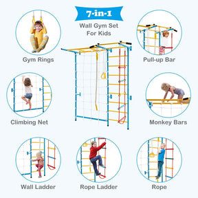 7-in-1 Kids Climbing Gym Steel Swedish Ladder Wall Set with Rope, Pull-up Bar & Gymnastic Rings, Indoor Playground Climbing Toys for Toddlers Exercise