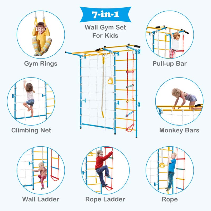 7-in-1 Kids Climbing Gym Steel Swedish Ladder Wall Set with Rope, Pull-up Bar & Gymnastic Rings, Indoor Playground Climbing Toys for Toddlers Exercise
