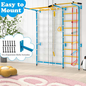 7-in-1 Kids Climbing Gym Steel Swedish Ladder Wall Set with Rope, Pull-up Bar & Gymnastic Rings, Indoor Playground Climbing Toys for Toddlers Exercise