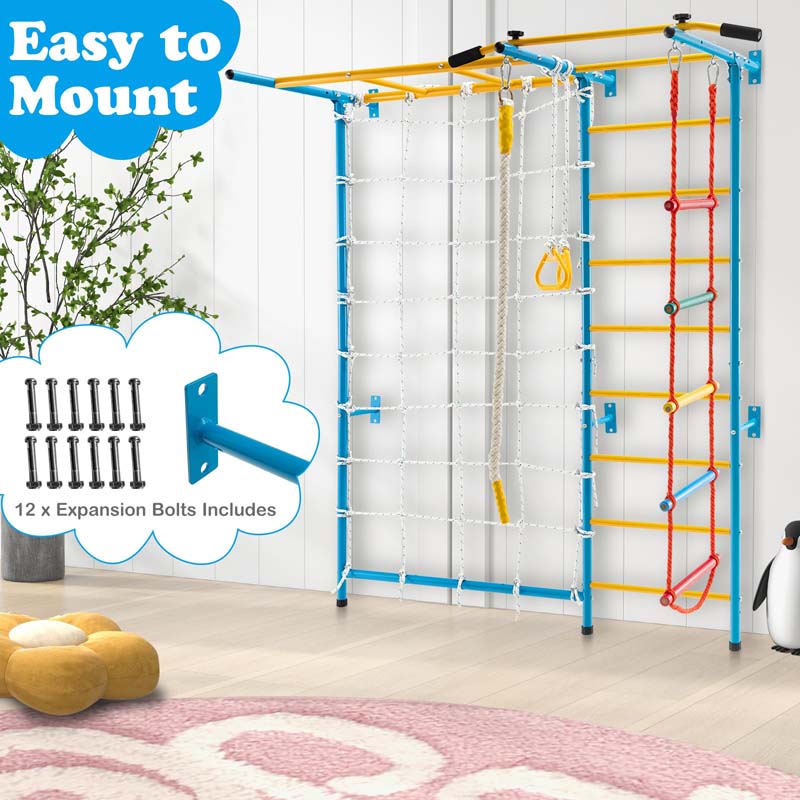 7-in-1 Kids Climbing Gym Steel Swedish Ladder Wall Set with Rope, Pull-up Bar & Gymnastic Rings, Indoor Playground Climbing Toys for Toddlers Exercise