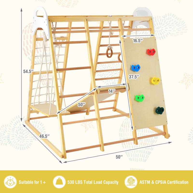 8-in-1 Wooden Indoor Playground Montessori Climbing Toys for Toddlers, Kids Jungle Gym Playset with Slide, Climbing Rock/Net, Monkey Bars