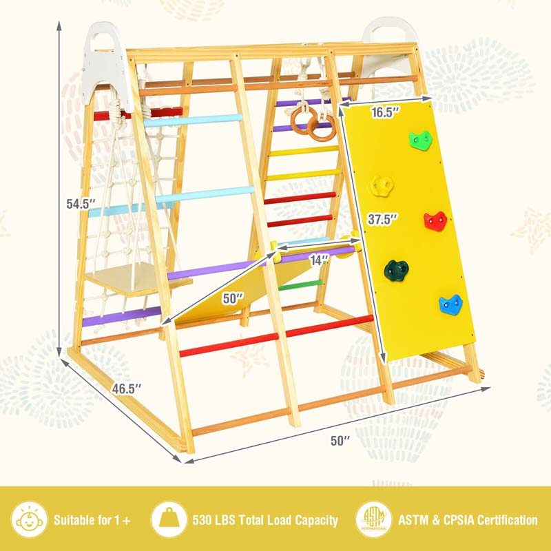 8-in-1 Wooden Indoor Playground Montessori Climbing Toys for Toddlers, Kids Jungle Gym Playset with Slide, Climbing Rock/Net, Monkey Bars