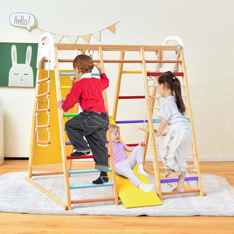 8-in-1 Wooden Indoor Playground Montessori Climbing Toys for Toddlers, Kids Jungle Gym Playset with Slide, Climbing Rock/Net, Monkey Bars