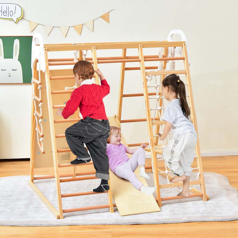 8-in-1 Wooden Indoor Playground Montessori Climbing Toys for Toddlers, Kids Jungle Gym Playset with Slide, Climbing Rock/Net, Monkey Bars
