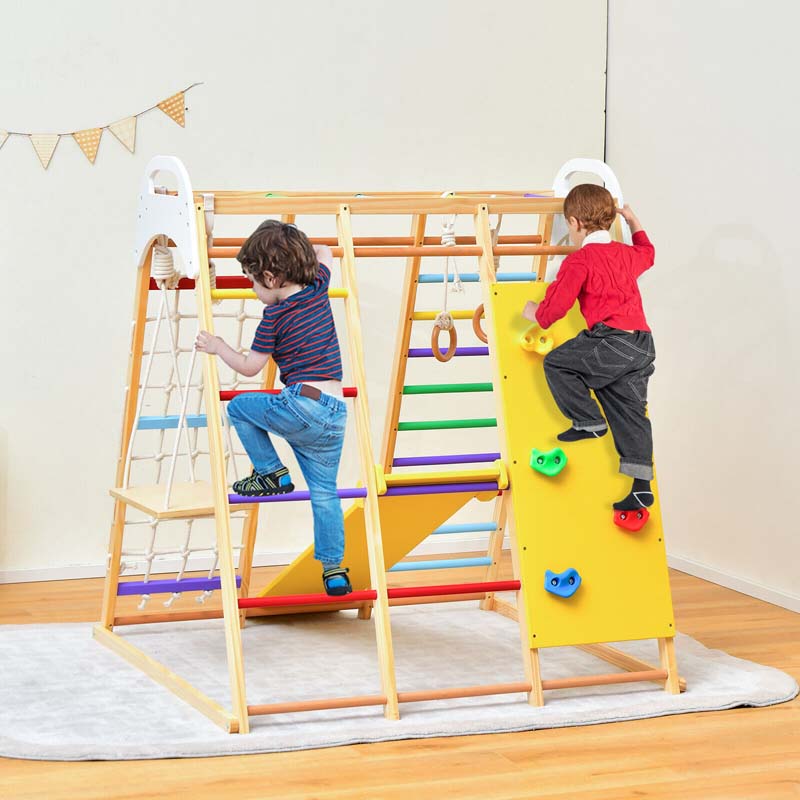 8-in-1 Wooden Indoor Playground Montessori Climbing Toys for Toddlers, Kids Jungle Gym Playset with Slide, Climbing Rock/Net, Monkey Bars