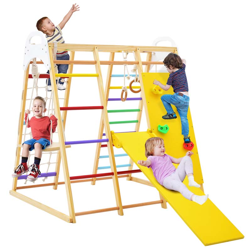 8-in-1 Wooden Indoor Playground Montessori Climbing Toys for Toddlers, Kids Jungle Gym Playset with Slide, Climbing Rock/Net, Monkey Bars