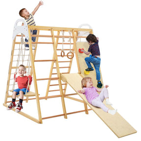 8-in-1 Wooden Indoor Playground Montessori Climbing Toys for Toddlers, Kids Jungle Gym Playset with Slide, Climbing Rock/Net, Monkey Bars