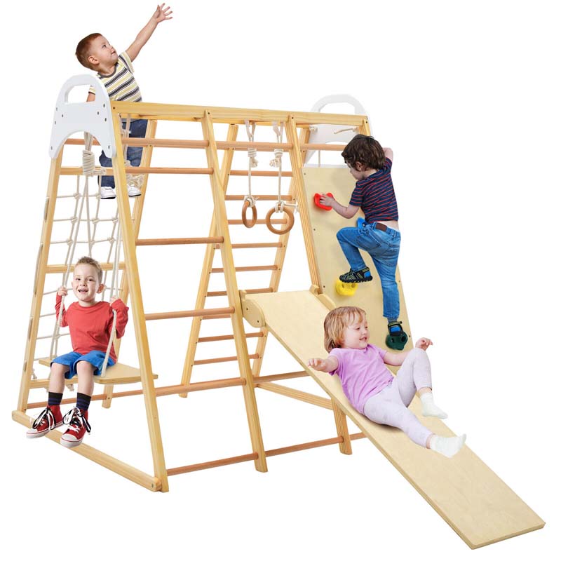 8-in-1 Wooden Indoor Playground Montessori Climbing Toys for Toddlers, Kids Jungle Gym Playset with Slide, Climbing Rock/Net, Monkey Bars