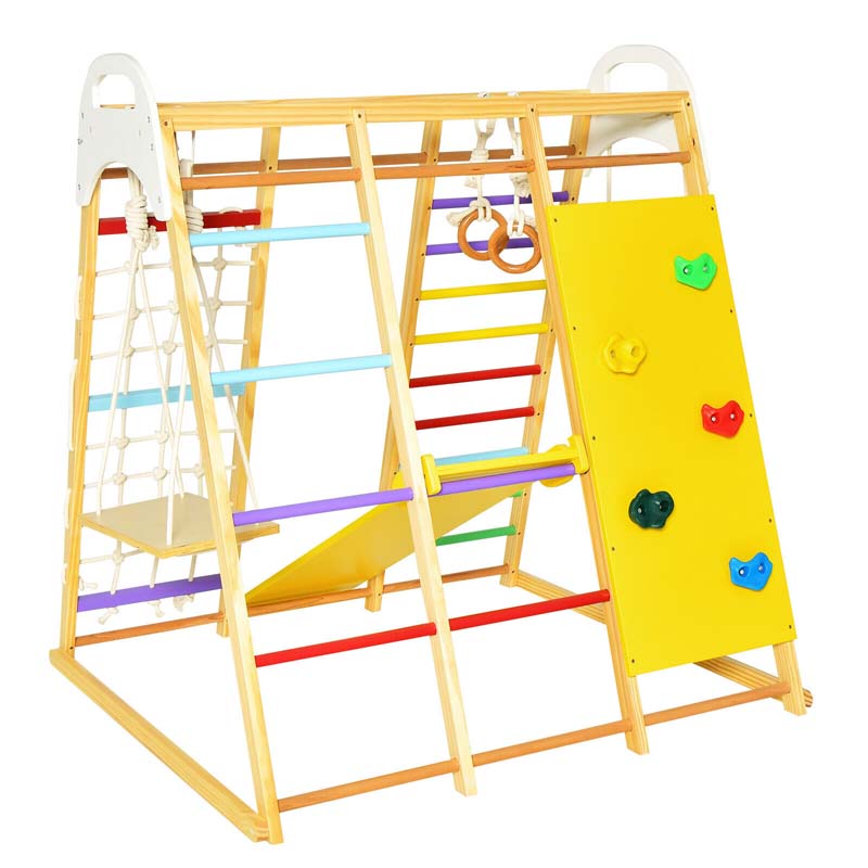 8-in-1 Wooden Indoor Playground Montessori Climbing Toys for Toddlers, Kids Jungle Gym Playset with Slide, Climbing Rock/Net, Monkey Bars
