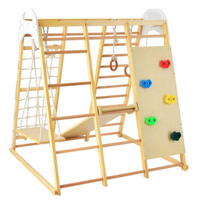 8-in-1 Wooden Indoor Playground Montessori Climbing Toys for Toddlers, Kids Jungle Gym Playset with Slide, Climbing Rock/Net, Monkey Bars