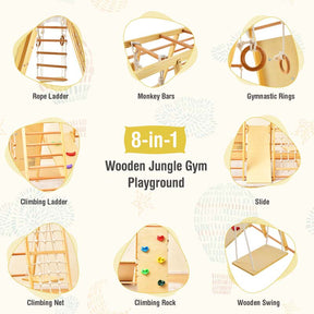 8-in-1 Wooden Indoor Playground Montessori Climbing Toys for Toddlers, Kids Jungle Gym Playset with Slide, Climbing Rock/Net, Monkey Bars