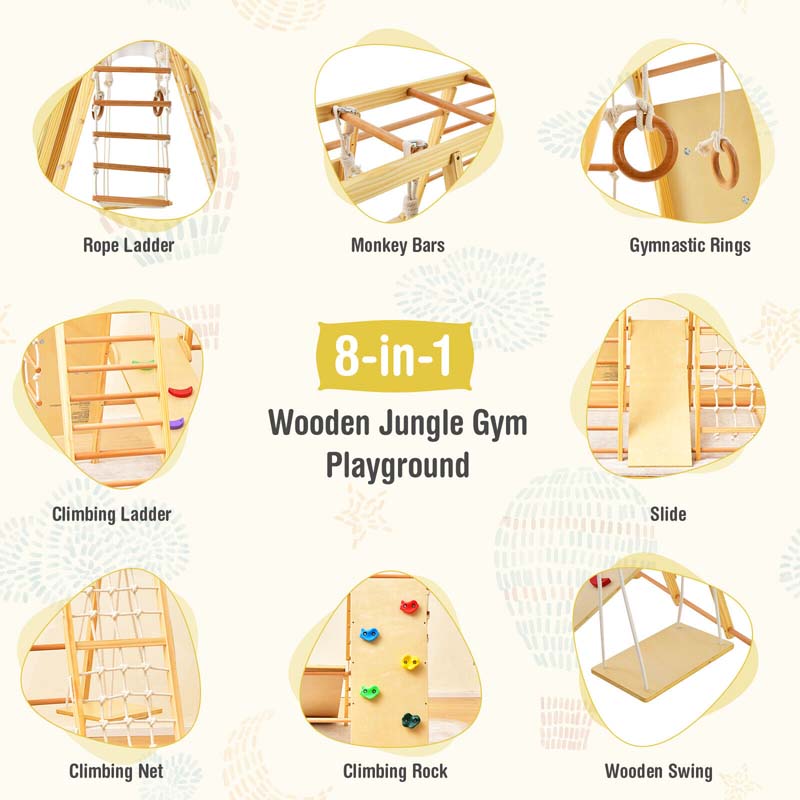 8-in-1 Wooden Indoor Playground Montessori Climbing Toys for Toddlers, Kids Jungle Gym Playset with Slide, Climbing Rock/Net, Monkey Bars