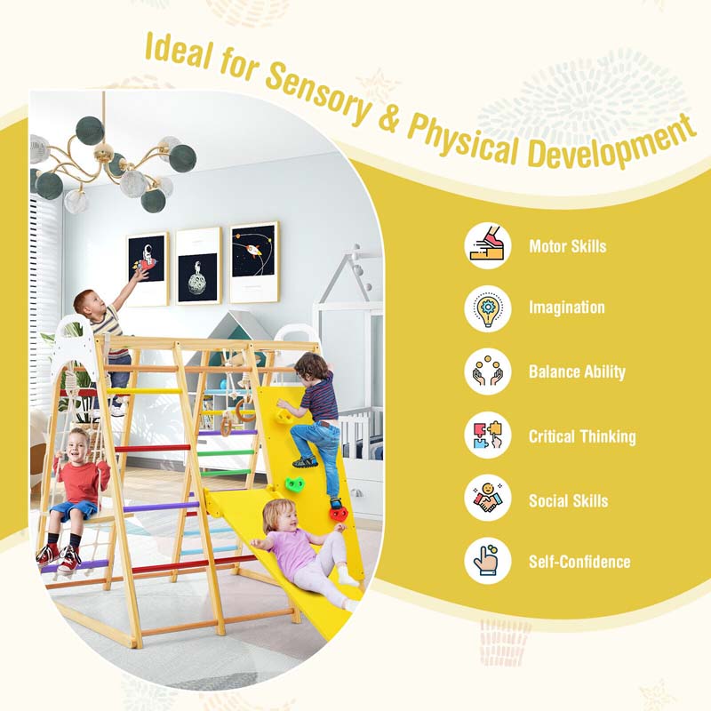 8-in-1 Wooden Indoor Playground Montessori Climbing Toys for Toddlers, Kids Jungle Gym Playset with Slide, Climbing Rock/Net, Monkey Bars