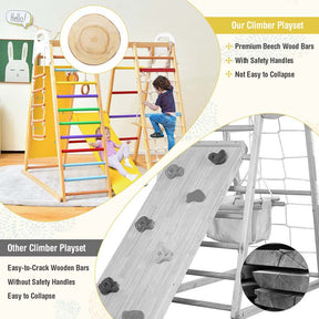 8-in-1 Wooden Indoor Playground Montessori Climbing Toys for Toddlers, Kids Jungle Gym Playset with Slide, Climbing Rock/Net, Monkey Bars