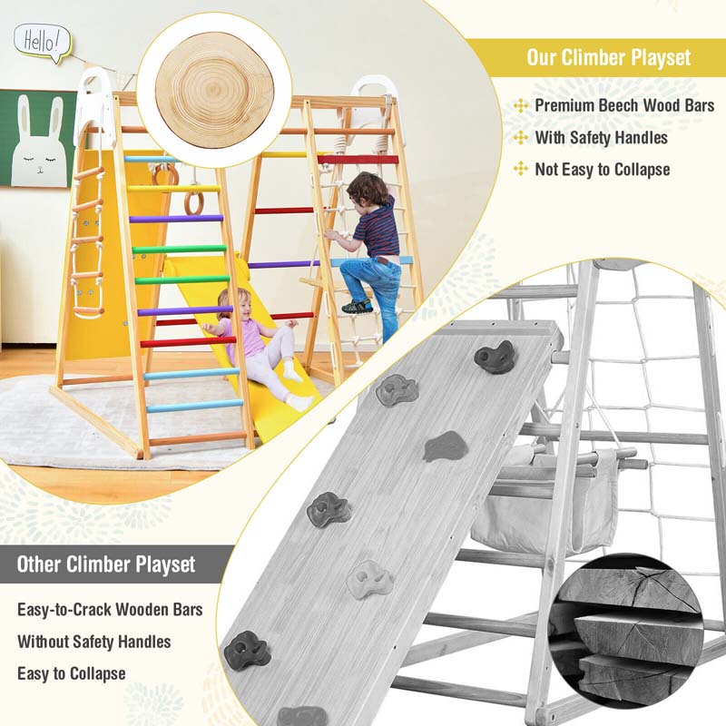 8-in-1 Wooden Indoor Playground Montessori Climbing Toys for Toddlers, Kids Jungle Gym Playset with Slide, Climbing Rock/Net, Monkey Bars
