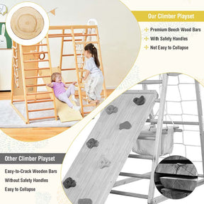 8-in-1 Wooden Indoor Playground Montessori Climbing Toys for Toddlers, Kids Jungle Gym Playset with Slide, Climbing Rock/Net, Monkey Bars