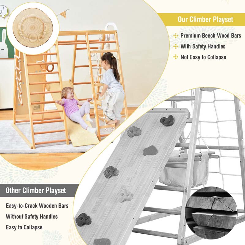 8-in-1 Wooden Indoor Playground Montessori Climbing Toys for Toddlers, Kids Jungle Gym Playset with Slide, Climbing Rock/Net, Monkey Bars