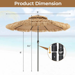 9FT Thatched Tiki Patio Umbrella with w/33 Solar LED Lights, 8 Ribs & Crank Lift, 2-Tier Hawaiian Hula Tilt Beach Umbrella for Grass Pool
