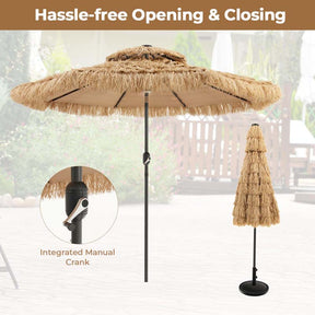 9FT Thatched Tiki Patio Umbrella with w/33 Solar LED Lights, 8 Ribs & Crank Lift, 2-Tier Hawaiian Hula Tilt Beach Umbrella for Grass Pool