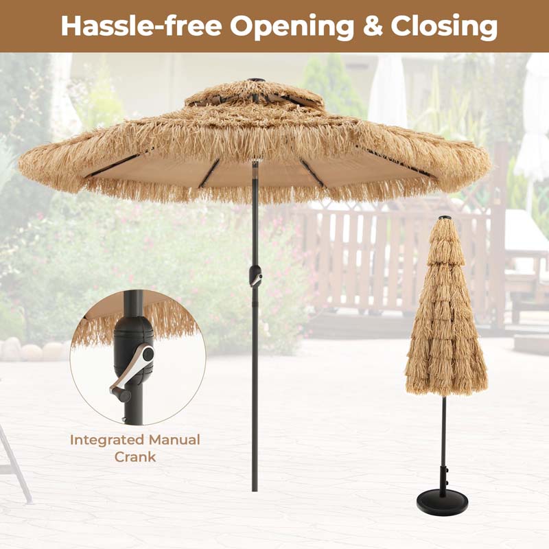 9FT Thatched Tiki Patio Umbrella with w/33 Solar LED Lights, 8 Ribs & Crank Lift, 2-Tier Hawaiian Hula Tilt Beach Umbrella for Grass Pool