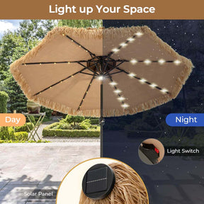 9FT Thatched Tiki Patio Umbrella with w/33 Solar LED Lights, 8 Ribs & Crank Lift, 2-Tier Hawaiian Hula Tilt Beach Umbrella for Grass Pool