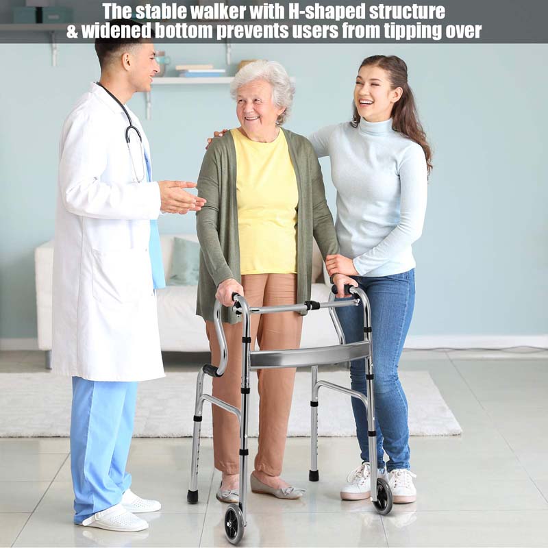 3-in-1 Folding Walker with 5" Wheels & Bi-Level Handrails, 440lbs Heavy Duty Walking Mobility Aid