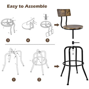 Height Adjustable Industrial Swivel Bar Stools Set of 2 with Arc-Shaped Backrest & Footrest, Vintage Counter Height Dining Chairs for Kitchen Pub