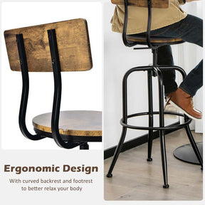 Height Adjustable Industrial Swivel Bar Stools Set of 2 with Arc-Shaped Backrest & Footrest, Vintage Counter Height Dining Chairs for Kitchen Pub