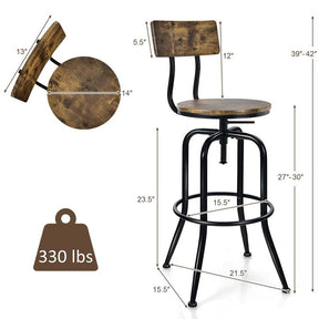 Height Adjustable Industrial Swivel Bar Stools Set of 2 with Arc-Shaped Backrest & Footrest, Vintage Counter Height Dining Chairs for Kitchen Pub