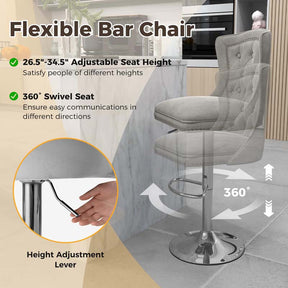 Dutch Velvet Swivel Bar Stools Set of 2, Adjustable Height Bar Chair with Footrest & Metal Base for Kitchen Island, Home & Pub