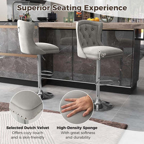 Dutch Velvet Swivel Bar Stools Set of 2, Adjustable Height Bar Chair with Footrest & Metal Base for Kitchen Island, Home & Pub