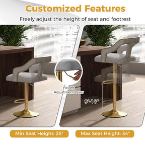 Adjustable Swivel Bar Stools Set of 2/4 with Back & Electroplated Metal Base, Dutch Velvet Dining Chairs for Kitchen Island, Home Bar