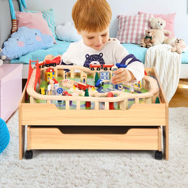 Kids Wooden Train Track Set Table with 100 Multicolor Pieces & Storage Drawer, Toddlers Activity Table Playset Gift for  Boys Girls