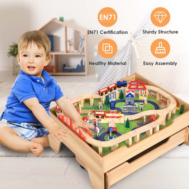 Kids Wooden Train Track Set Table with 100 Multicolor Pieces & Storage Drawer, Toddlers Activity Table Playset Gift for  Boys Girls